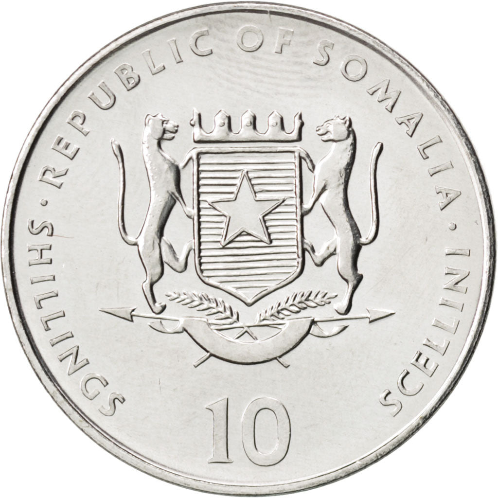 Coin, Somalia, 10 Shillings / Scellini, 2000, MS(63), Nickel Clad Steel, KM:95