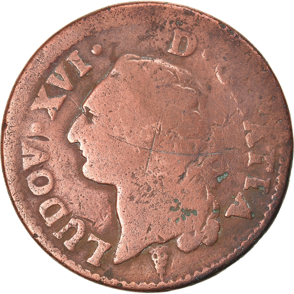 Moeda, França, Louis XVI, Sol à l'Ecu, 1789, Bordeaux, F(12-15), Cobre