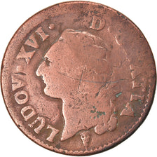 Moeda, França, Louis XVI, Sol à l'Ecu, 1789, Bordeaux, F(12-15), Cobre