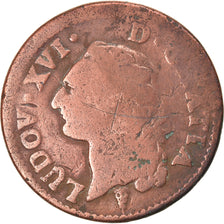 Monnaie, France, Louis XVI, Sol à l'Ecu, 1789, Bordeaux, B+, Cuivre