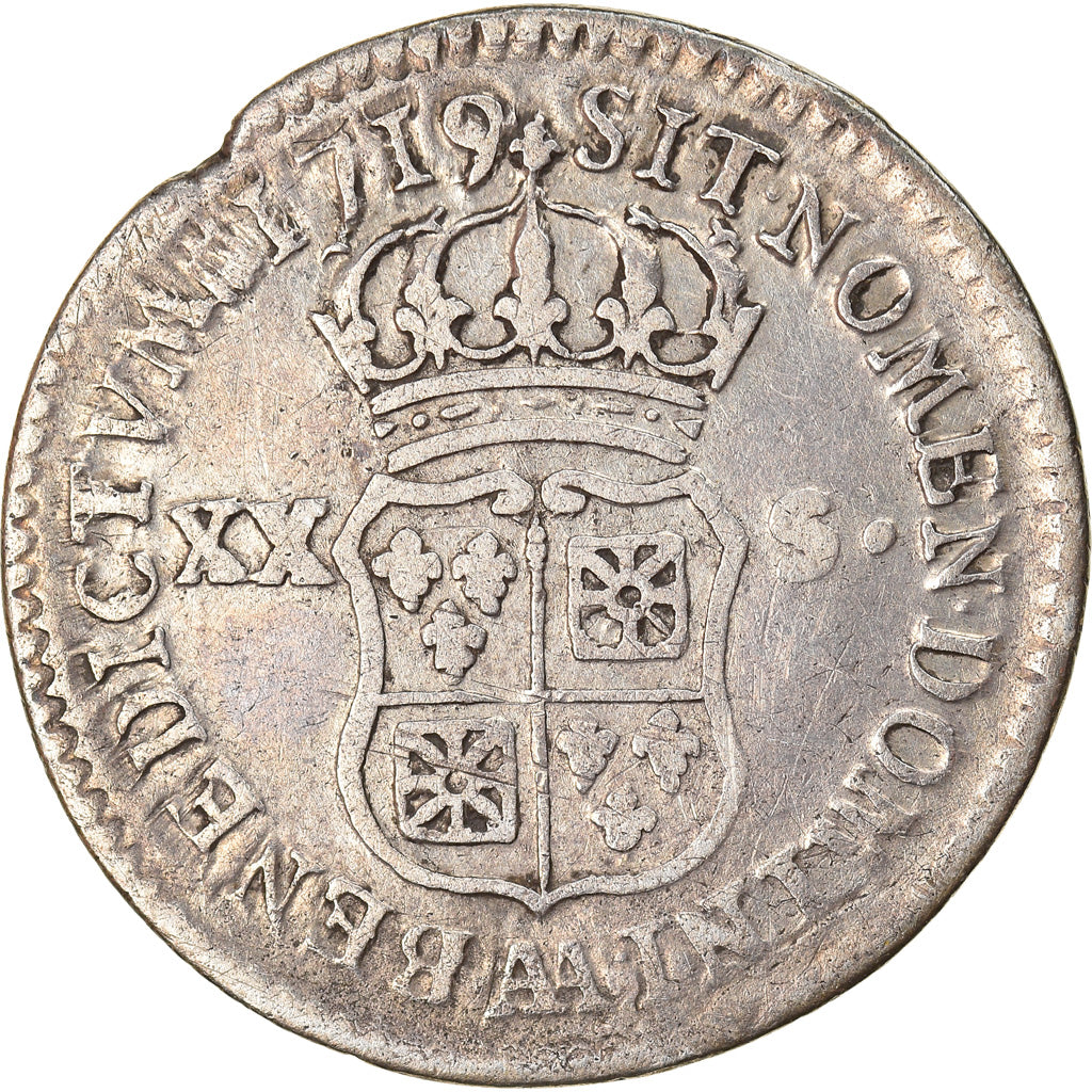 Moeda, França, Louis XV, XX Sols, 1719, Metz, F(12-15), Prata, Gadoury:295