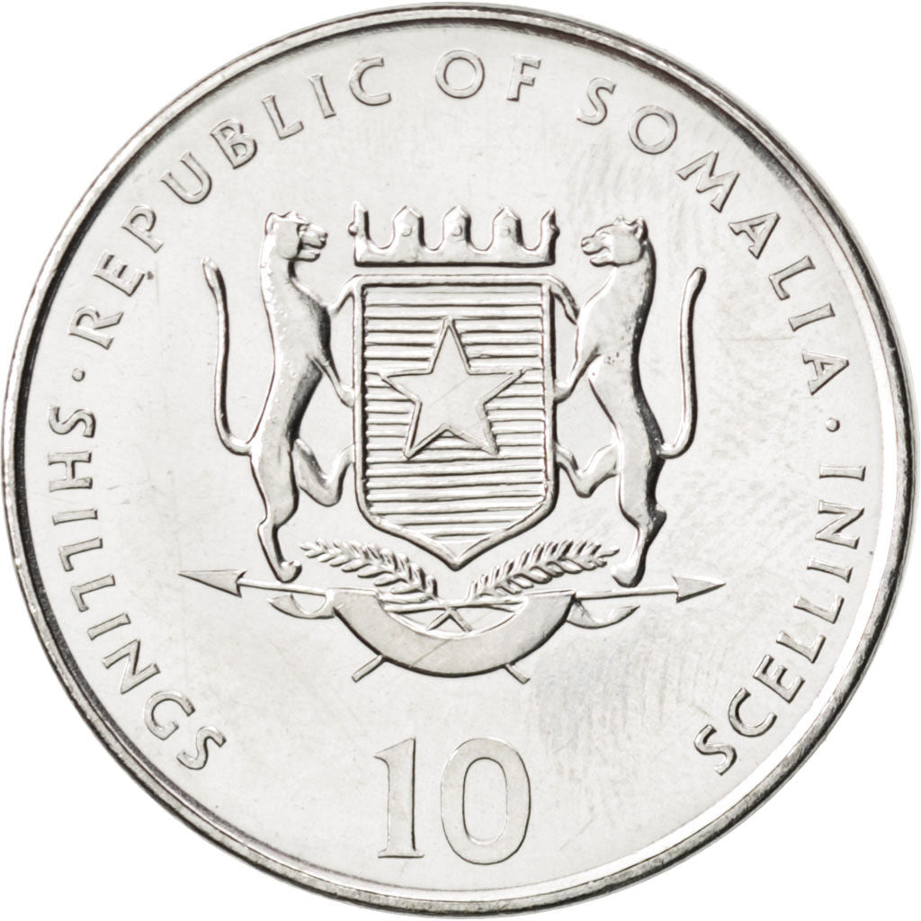 SOMALIA, 10 Shillings / Scellini, Dog, 2000, KM #100, MS(63), Nickel Clad Steel