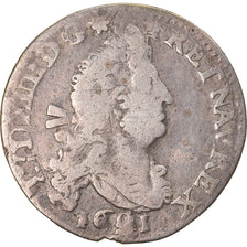 Moneda, Francia, Louis XIV, 4 Sols aux 2 L, 1691, Paris, BC+, Plata, Gadoury:106