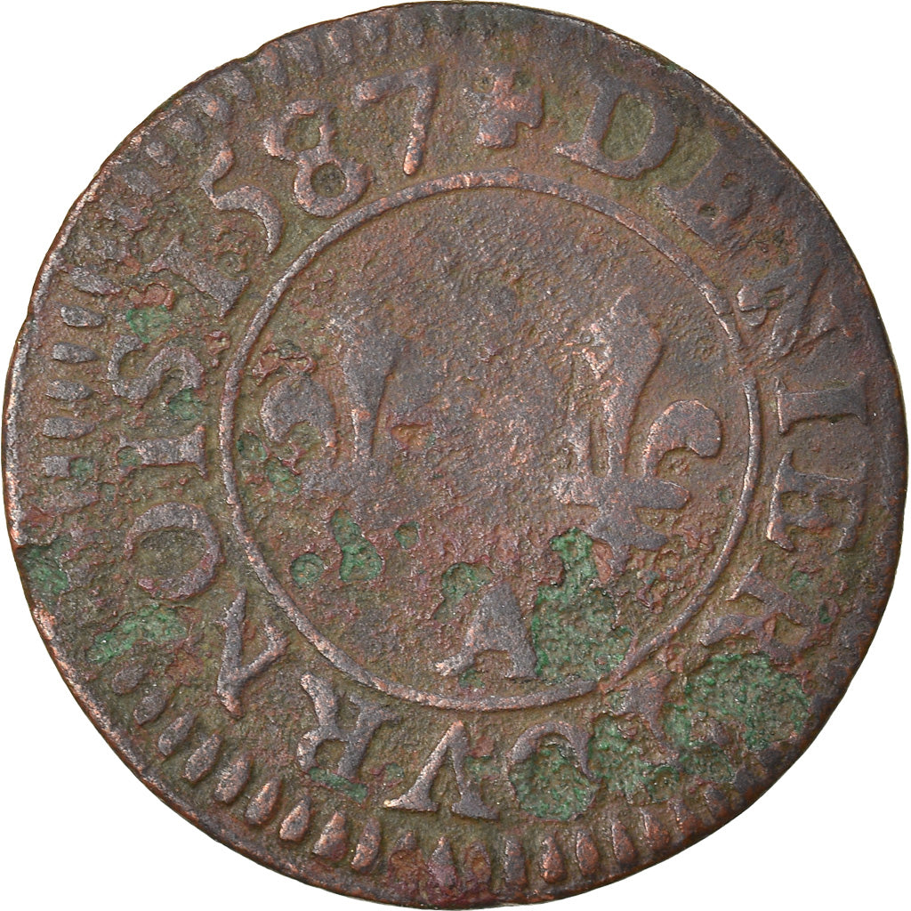 Münze, Frankreich, Henri III, Denier Tournois, 1587, Paris, SGE, Kupfer