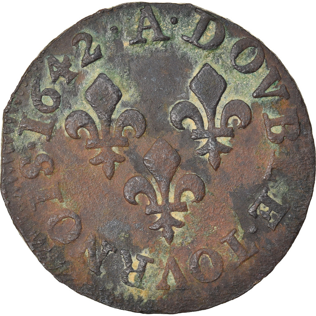 Coin, France, Louis XIII, Double Tournois, 1642, Corbeil, VF(30-35), Copper