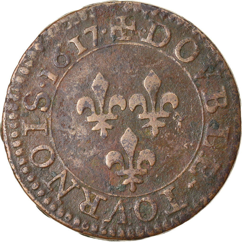 Moneta, Francia, Louis XIII, Double Tournois, 1617, Paris, MB+, Rame