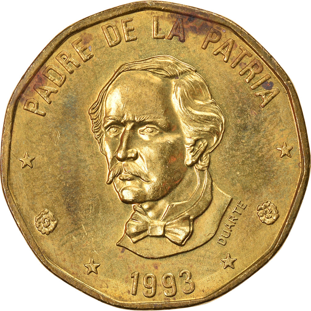 Moeda, República Dominicana, Peso, 1993, AU(55-58), Latão, KM:80.2