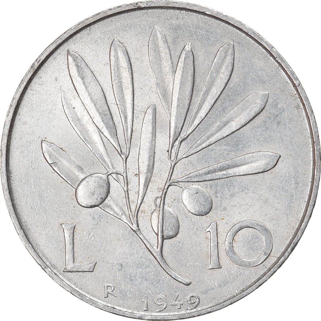 Coin, Italy, 10 Lire, 1949, Rome, AU(55-58), Aluminum, KM:90