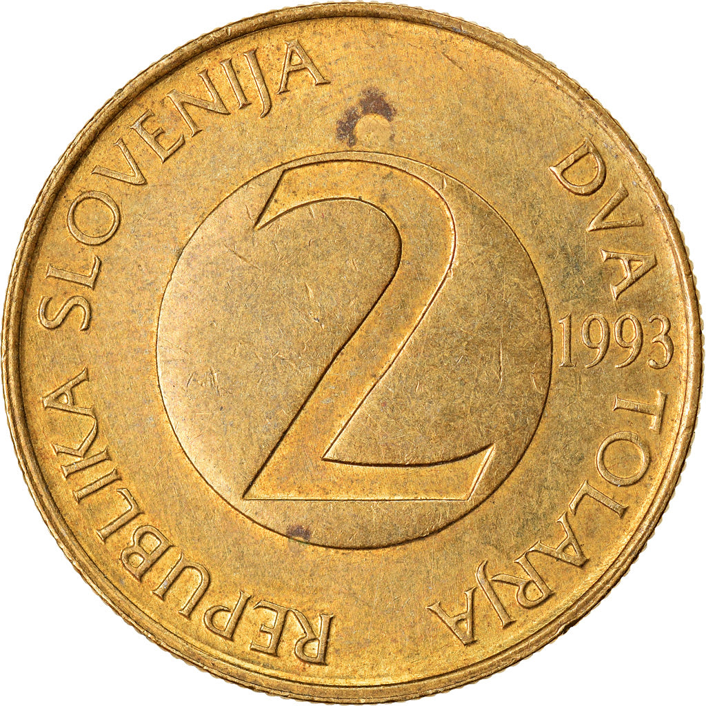 Moneta, Słowenia, 2 Tolarja, 1993, AU(50-53), Mosiądz niklowy, KM:5
