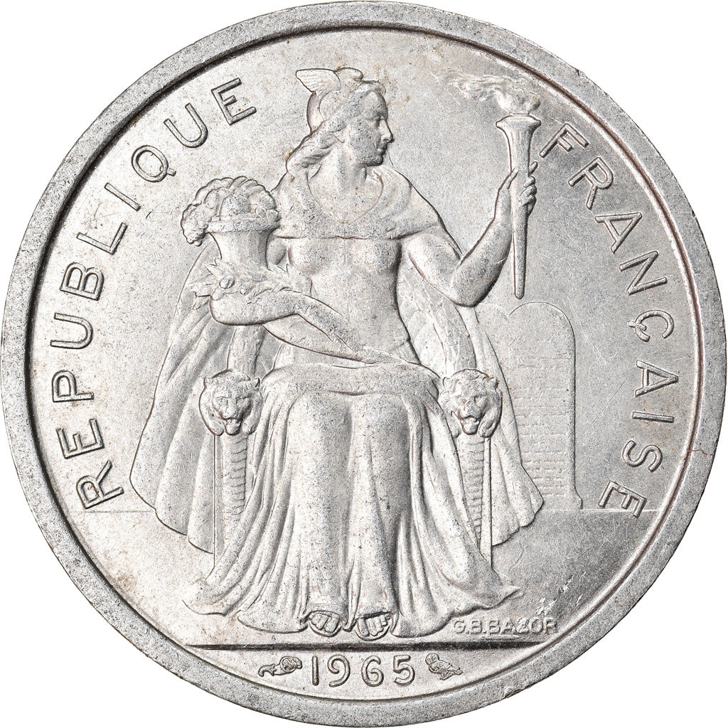 Moeda, Polinésia Francesa, 2 Francs, 1965, AU(50-53), Alumínio, KM:3