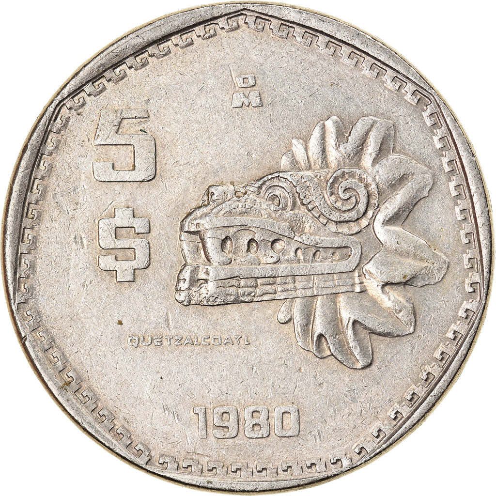 Moneda, México, 5 Pesos, 1980, Mexico City, MBC+, Cobre - níquel, KM:485