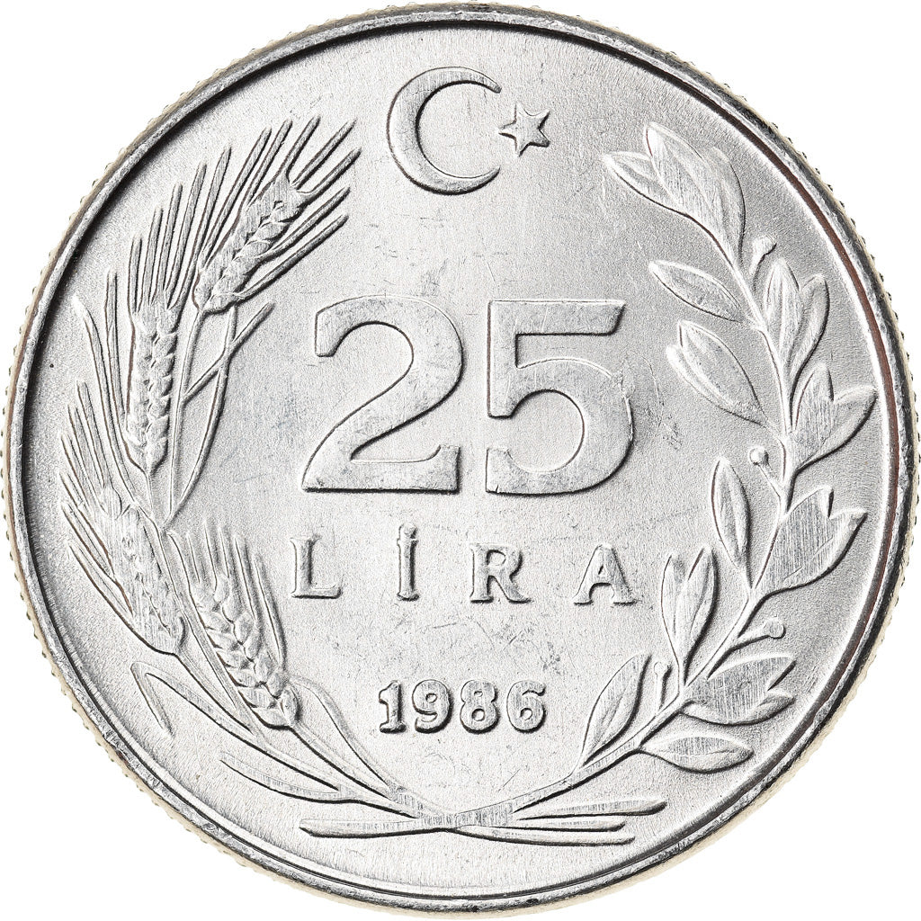 Munten, Turkije, 25 Lira, 1986, PR+, Aluminium, KM:975