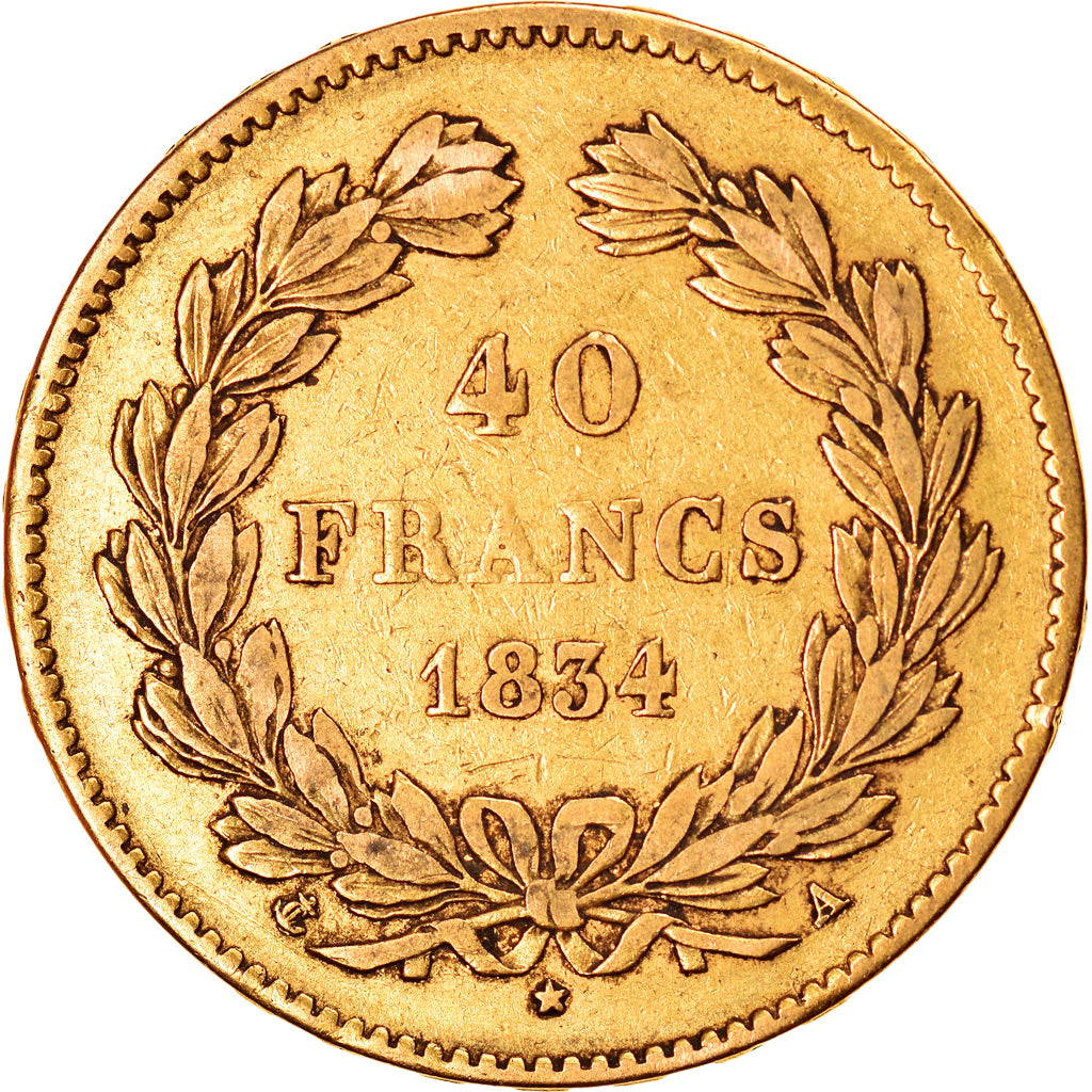 Moneda, Francia, Louis-Philippe, 40 Francs, 1834, Paris, BC+, Oro, KM:747.1
