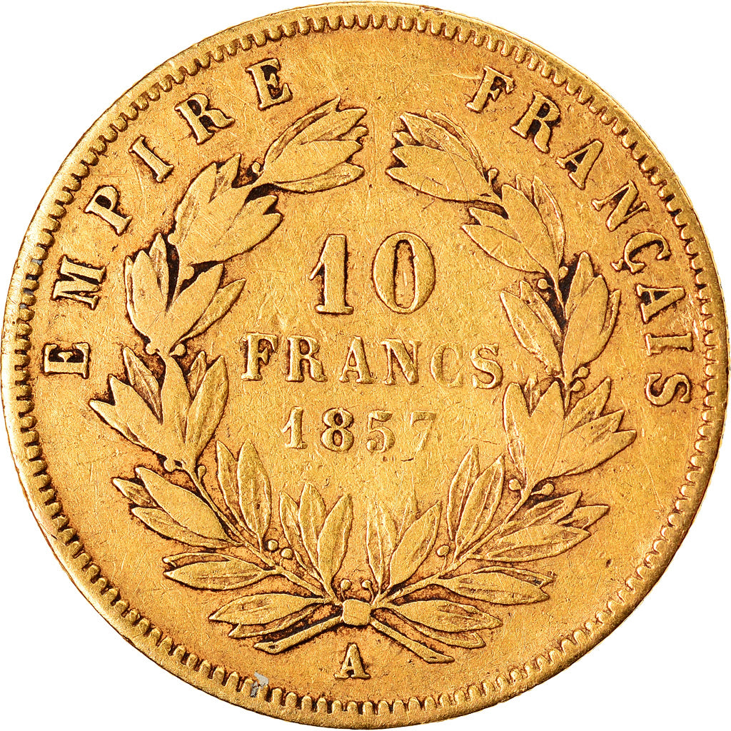 Moneda, Francia, Napoleon III, 10 Francs, 1857, Paris, BC+, Oro, KM:784.3