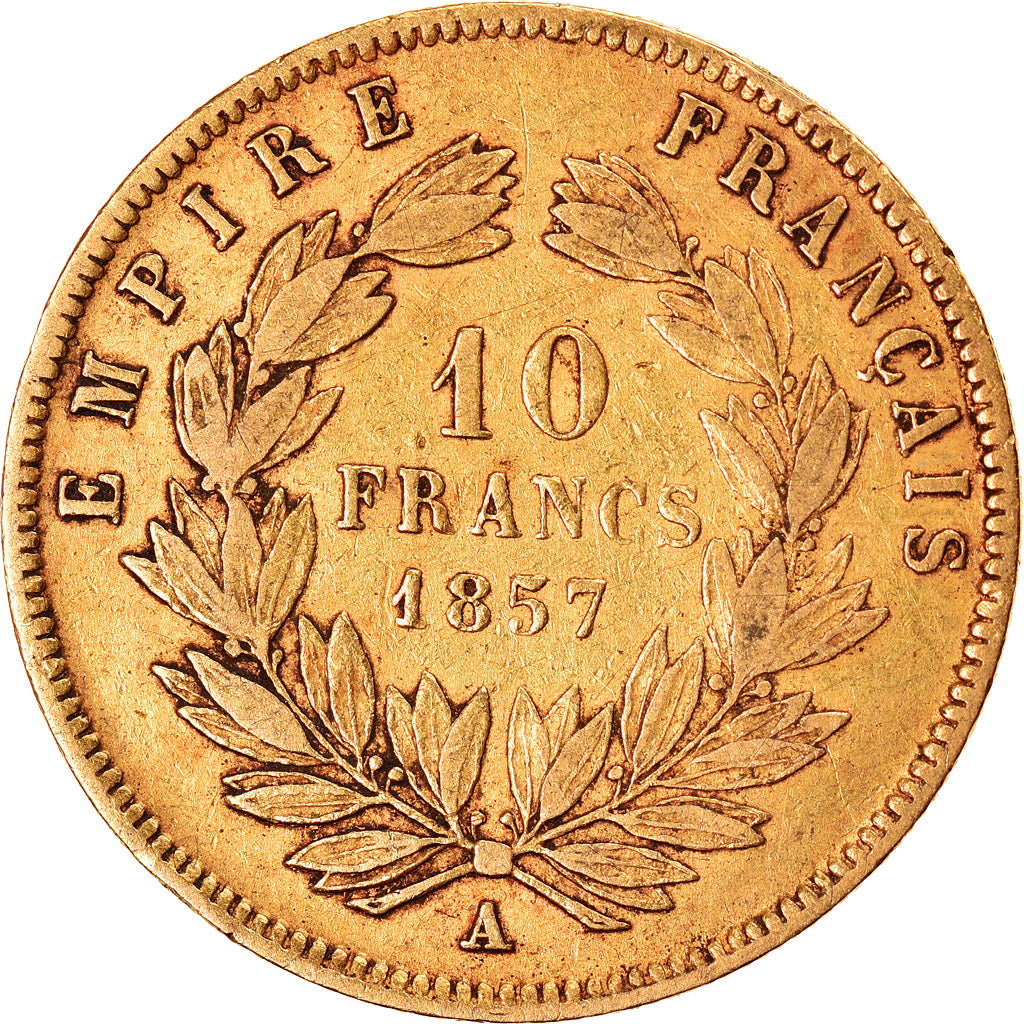 Moneda, Francia, Napoleon III, 10 Francs, 1857, Paris, BC+, Oro, KM:784.3