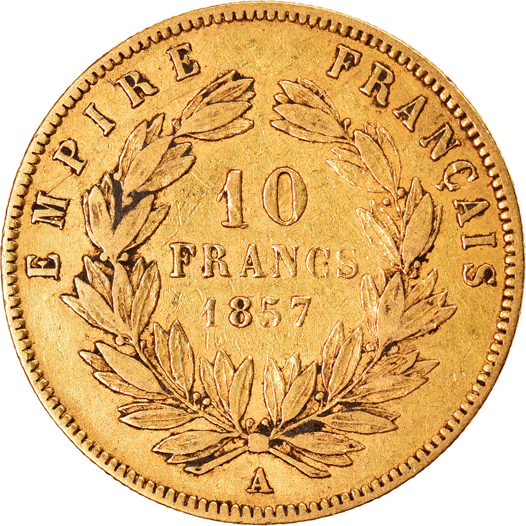 Moneta, Francia, Napoleon III, 10 Francs, 1857, Paris, MB, Oro, KM:784.3
