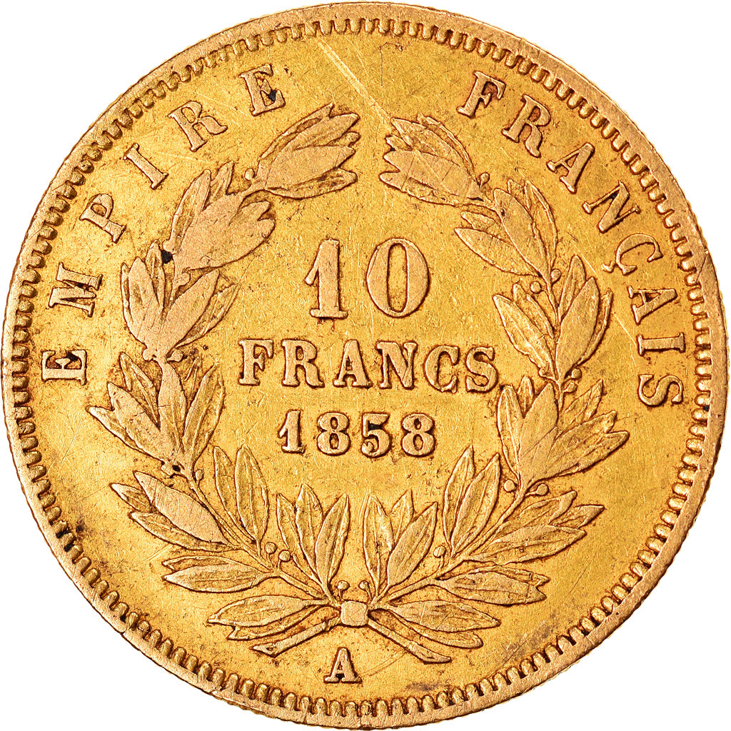 Munten, Frankrijk, Napoleon III, 10 Francs, 1858, Paris, FR, Goud, KM:784.3