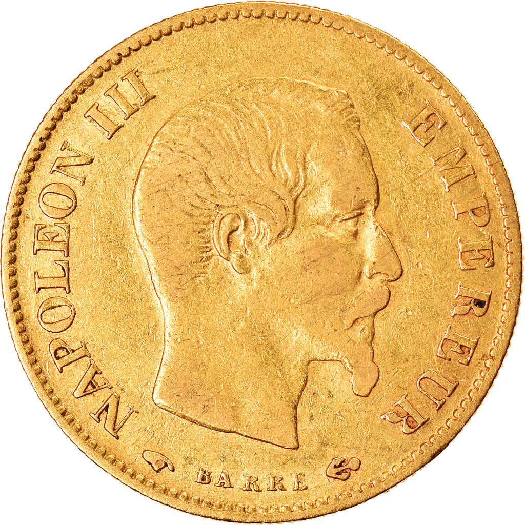 Moneda, Francia, Napoleon III, 10 Francs, 1860, Paris, BC+, Oro, KM:784.3