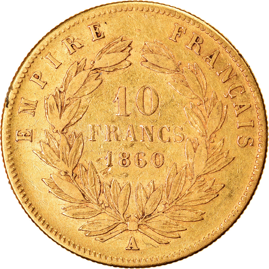 Moneda, Francia, Napoleon III, 10 Francs, 1860, Paris, BC+, Oro, KM:784.3