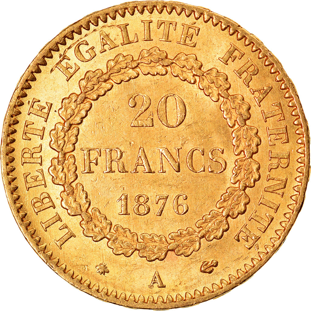 Moeda, França, Génie, 20 Francs, 1876, Paris, AU(50-53), Dourado, KM:825