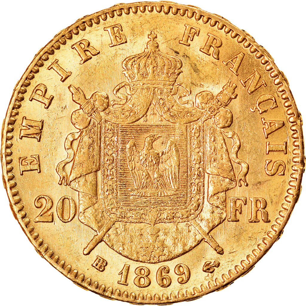 Moneda, Francia, Napoleon III, 20 Francs, 1869, Strasbourg, MBC+, Oro, KM:801.2