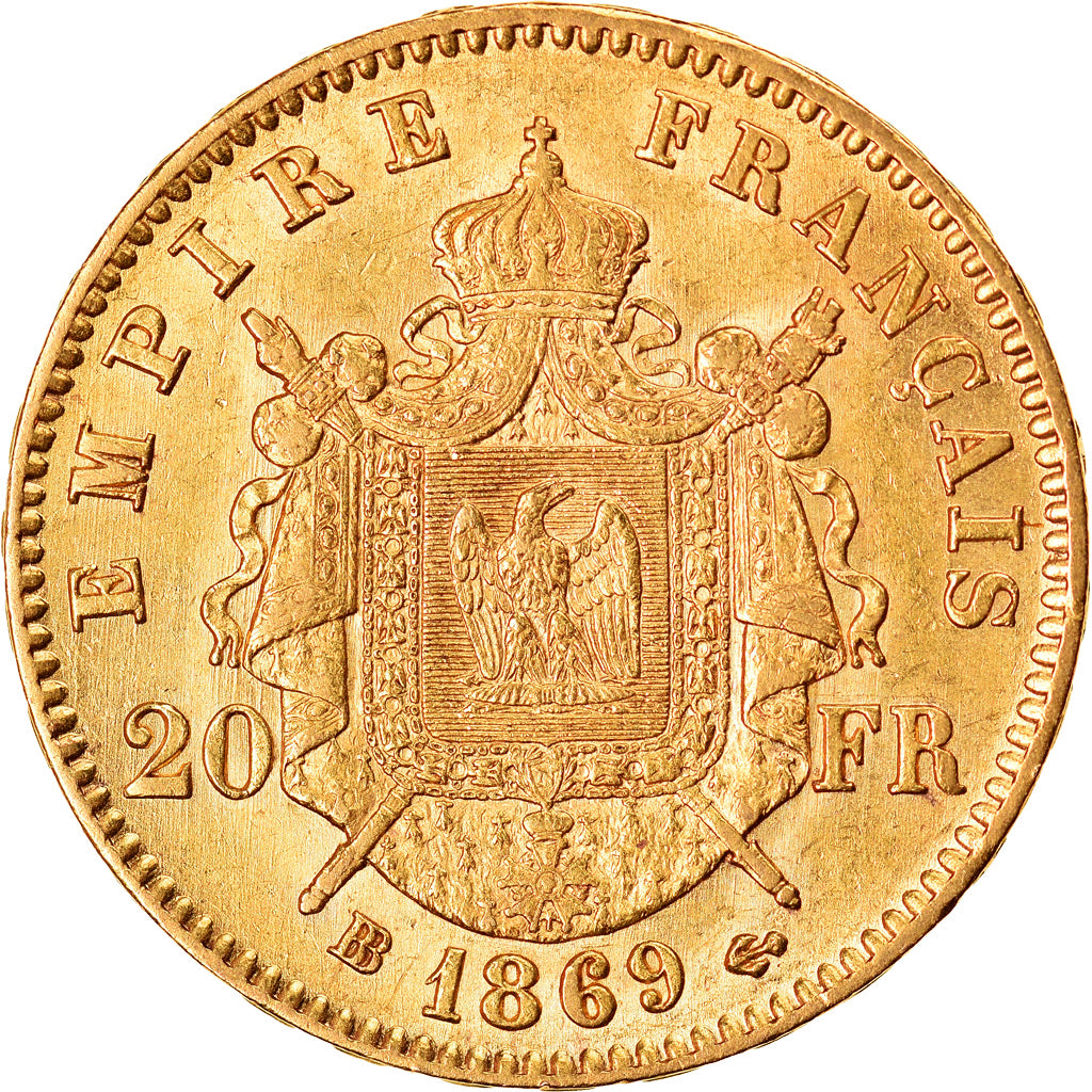 Moneda, Francia, Napoleon III, 20 Francs, 1869, Strasbourg, MBC+, Oro, KM:801.2