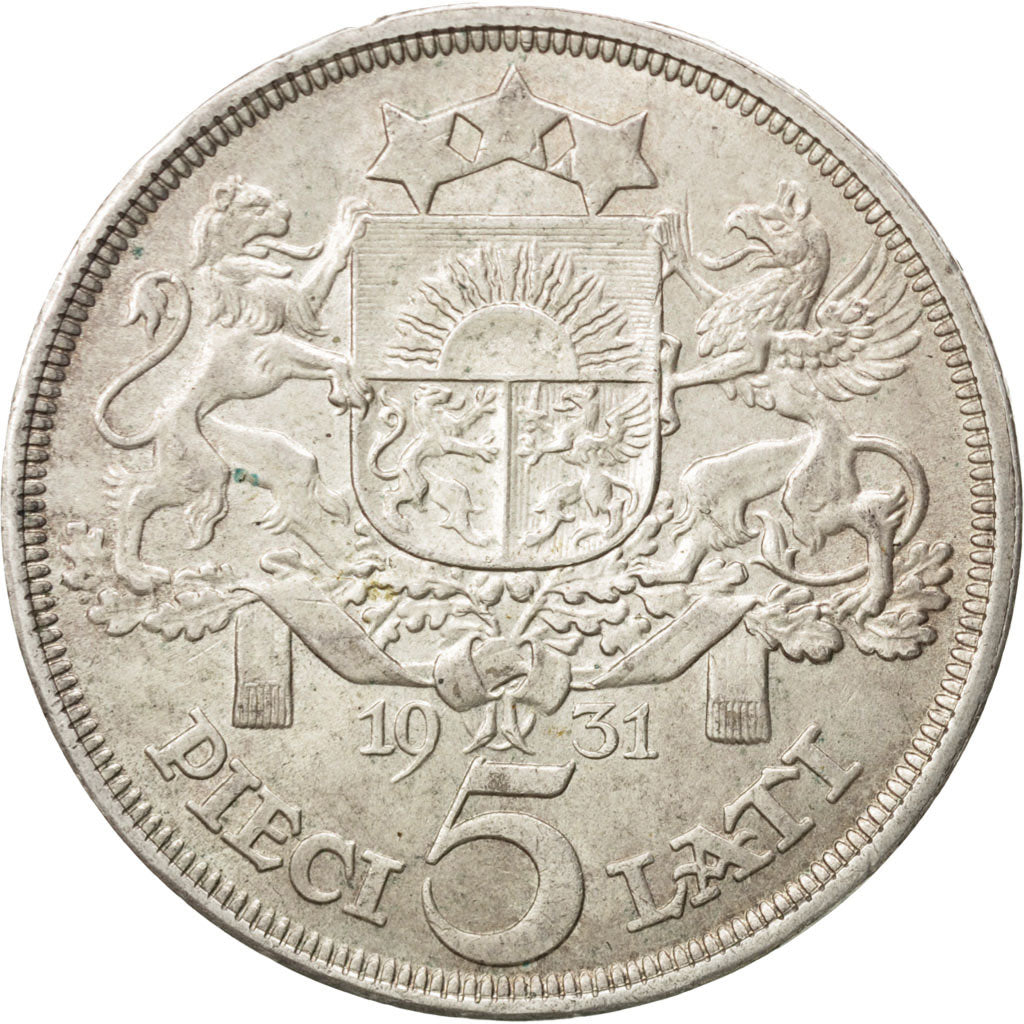 LATVIA, 5 Lati, 1931, KM #9, AU(55-58), Silver, 37, 24.93