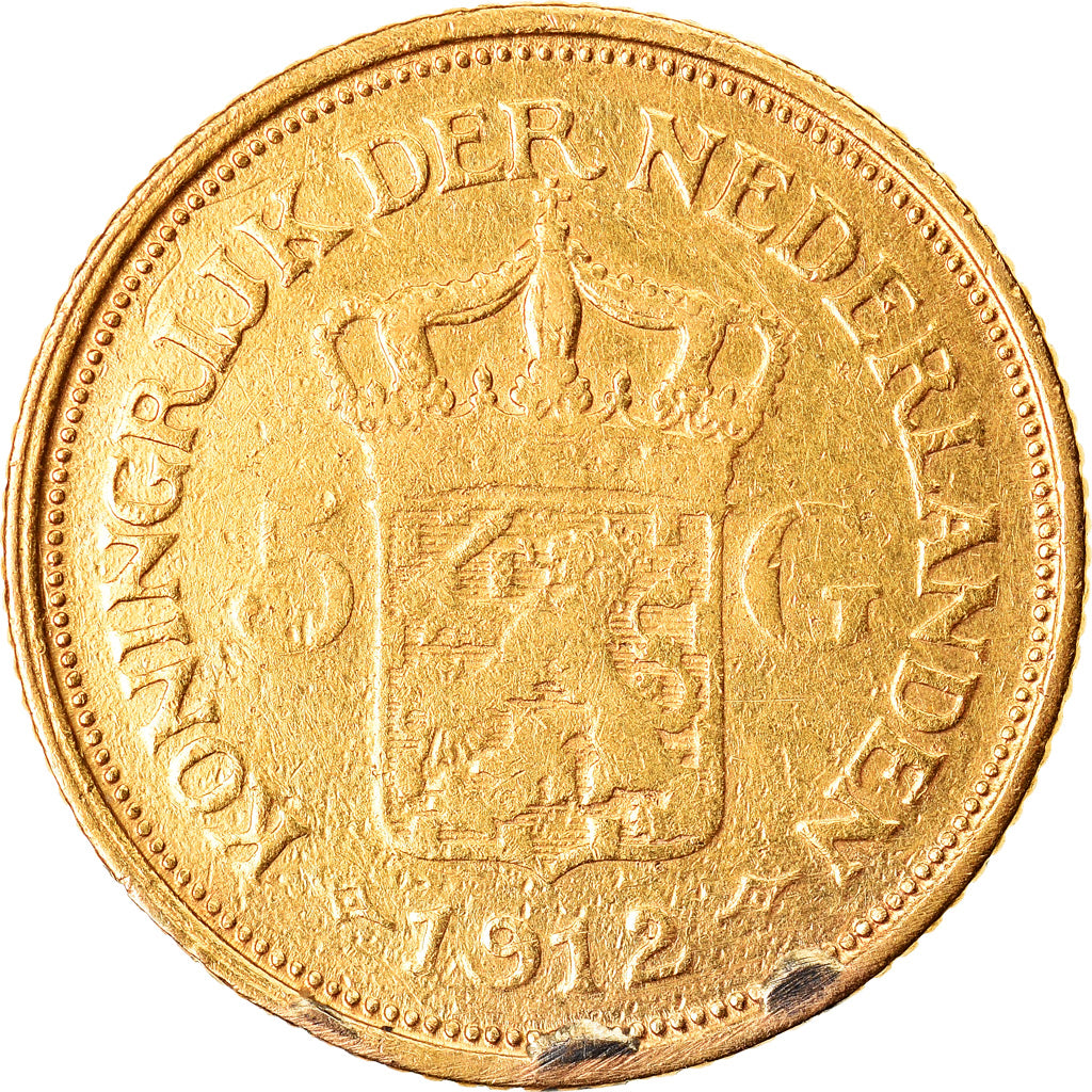 Coin, Netherlands, Wilhelmina I, 5 Gulden, 1912, VF(20-25), Gold, KM:151