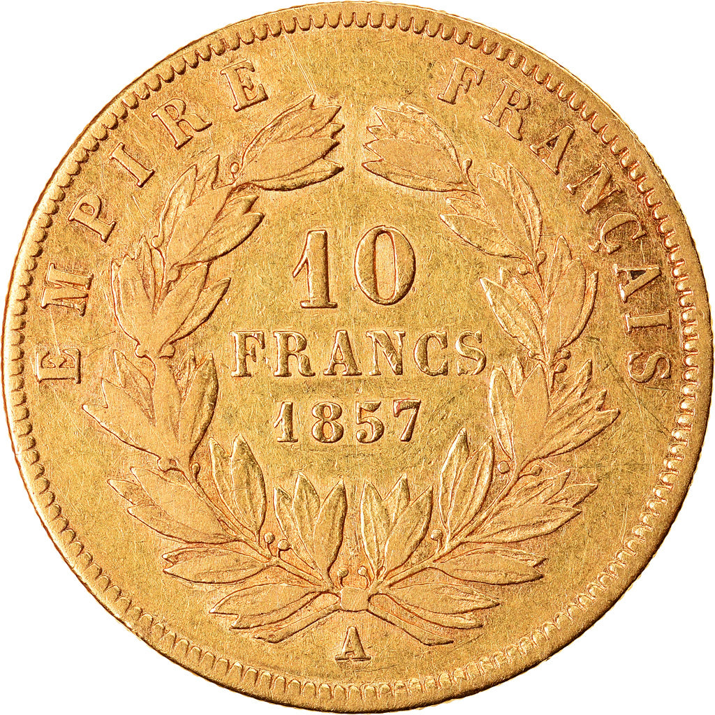 Moneda, Francia, Napoleon III, 10 Francs, 1857, Paris, BC+, Oro, KM:784.3