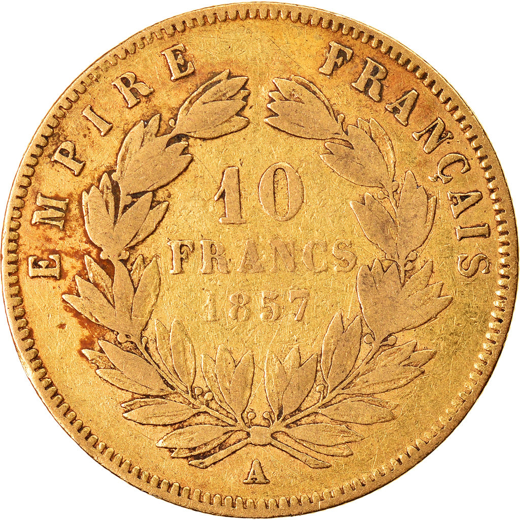 Moneda, Francia, Napoleon III, 10 Francs, 1857, Paris, BC+, Oro, KM:784.3