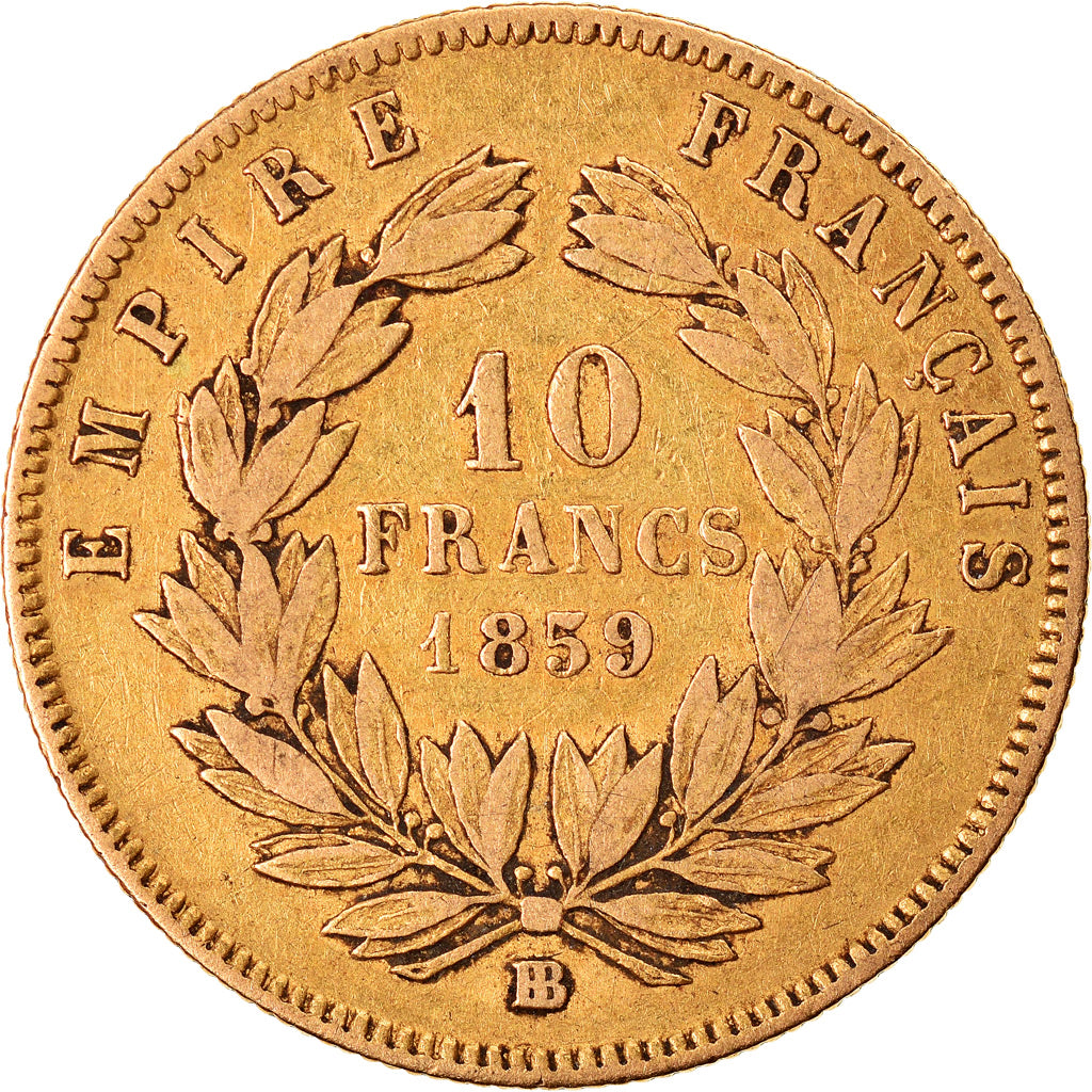 Moeda, França, Napoleon III, 10 Francs, 1859, Strasbourg, VF(30-35), Dourado