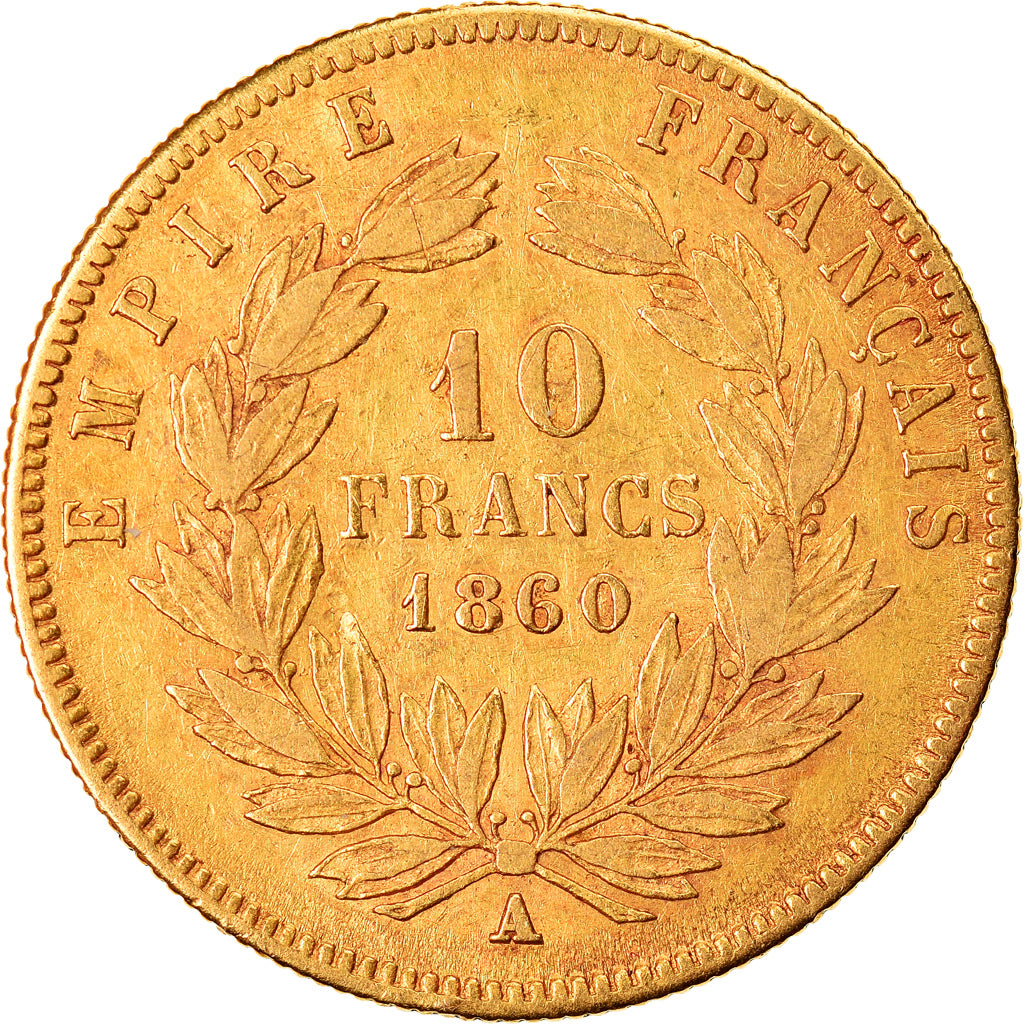 Moneda, Francia, Napoleon III, 10 Francs, 1860, Paris, BC+, Oro, KM:784.3