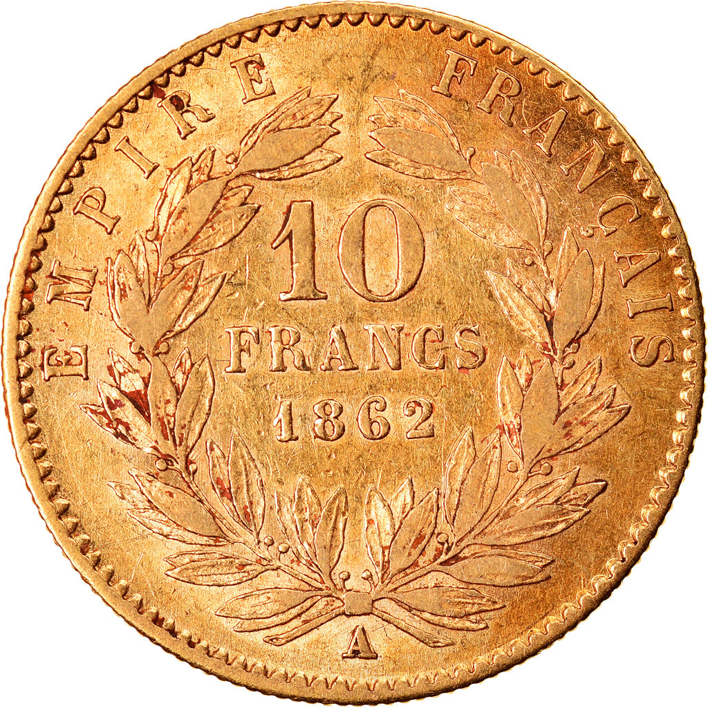 Moneda, Francia, Napoleon III, 10 Francs, 1862, Paris, BC+, Oro, KM:800.1