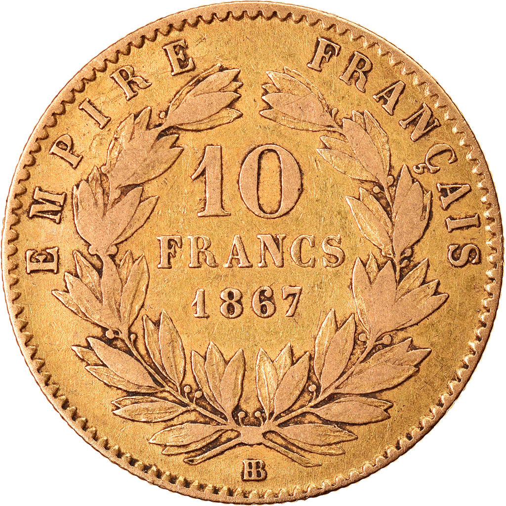 Moneda, Francia, Napoleon III, 10 Francs, 1867, Strasbourg, BC+, Oro