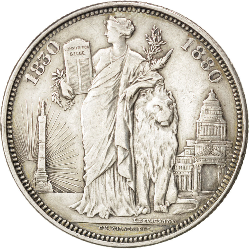 BELGIUM, 5 Francs, 1880, KM #8, AU(50-53), Silver, 24.91