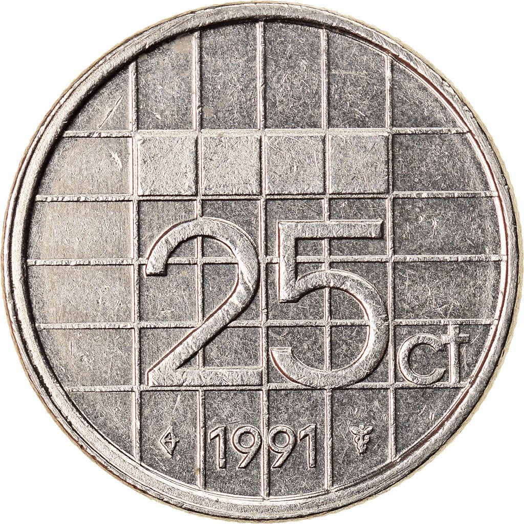 Coin, Netherlands, Beatrix, 25 Cents, 1991, AU(50-53), Nickel, KM:204