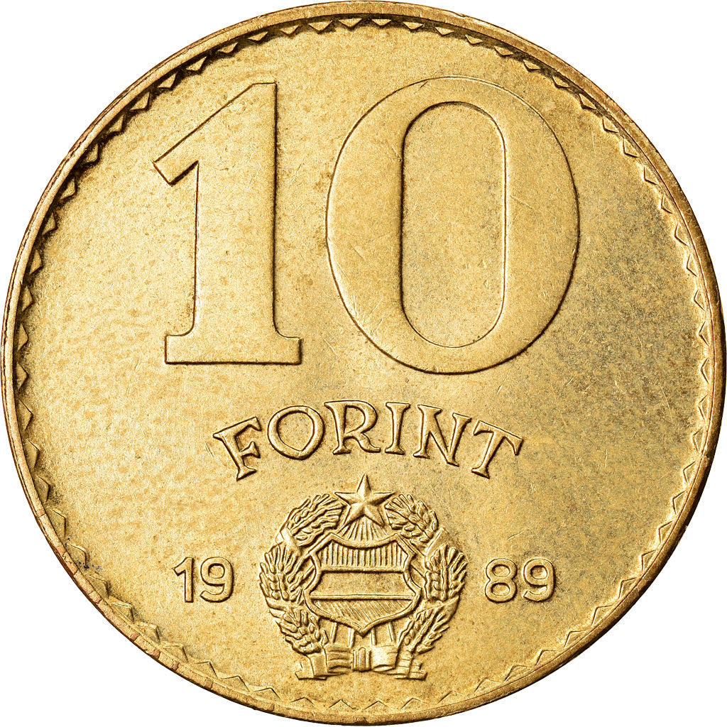 Coin, Hungary, 10 Forint, 1989, AU(55-58), Aluminum-Bronze, KM:636