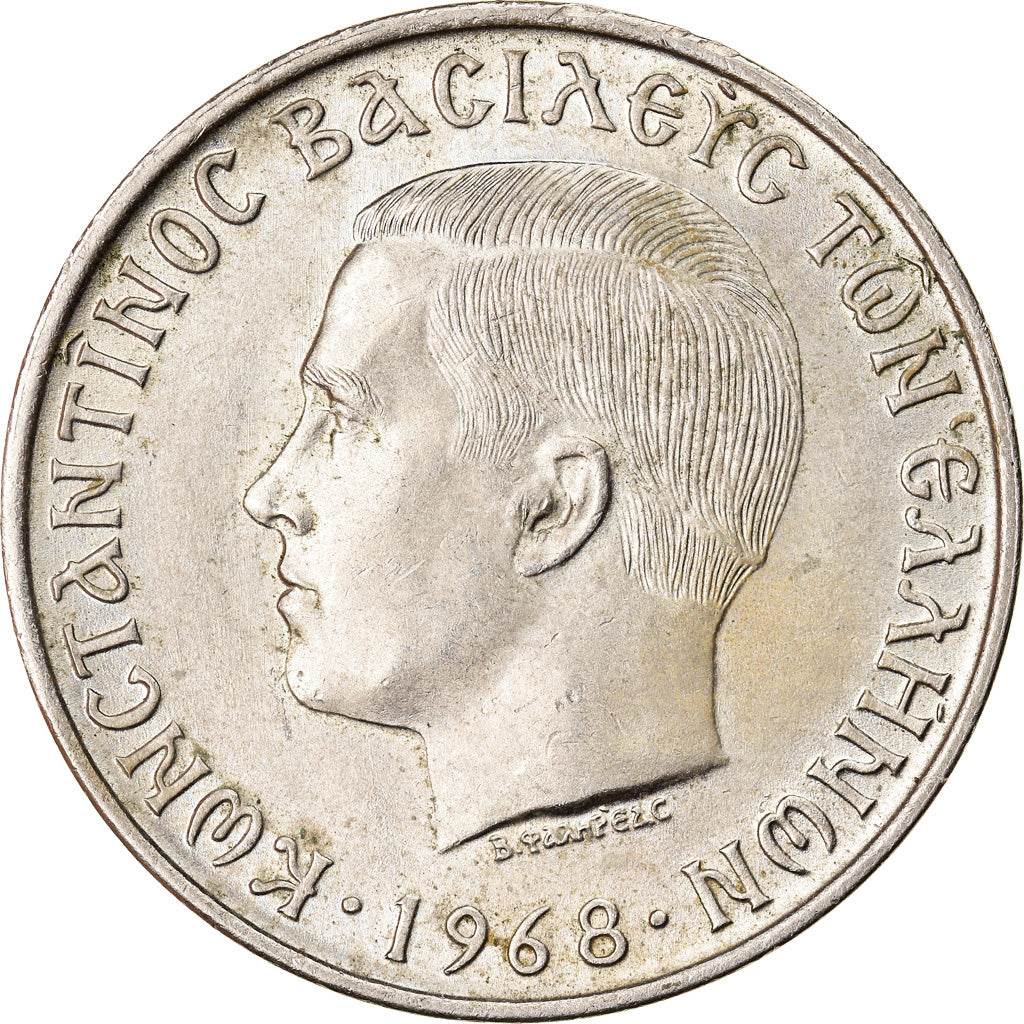 Moeda, Grécia, Constantine II, 10 Drachmai, 1968, AU(55-58), Cobre-níquel