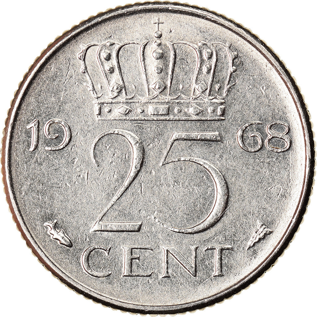 Coin, Netherlands, Juliana, 25 Cents, 1968, AU(50-53), Nickel, KM:183