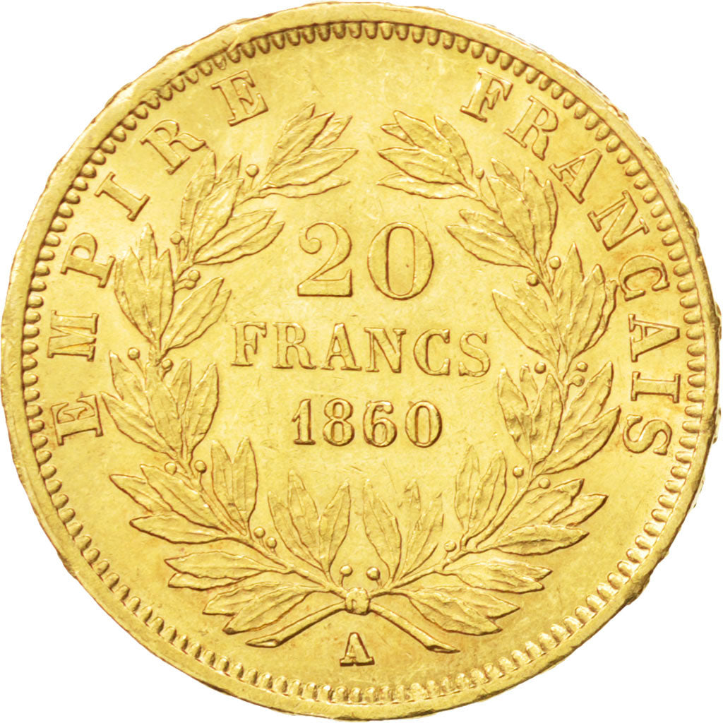 FRANCE, Napoléon III, 20 Francs, 1860, Paris, KM #781.1, AU(50-53), Gold, Gadour