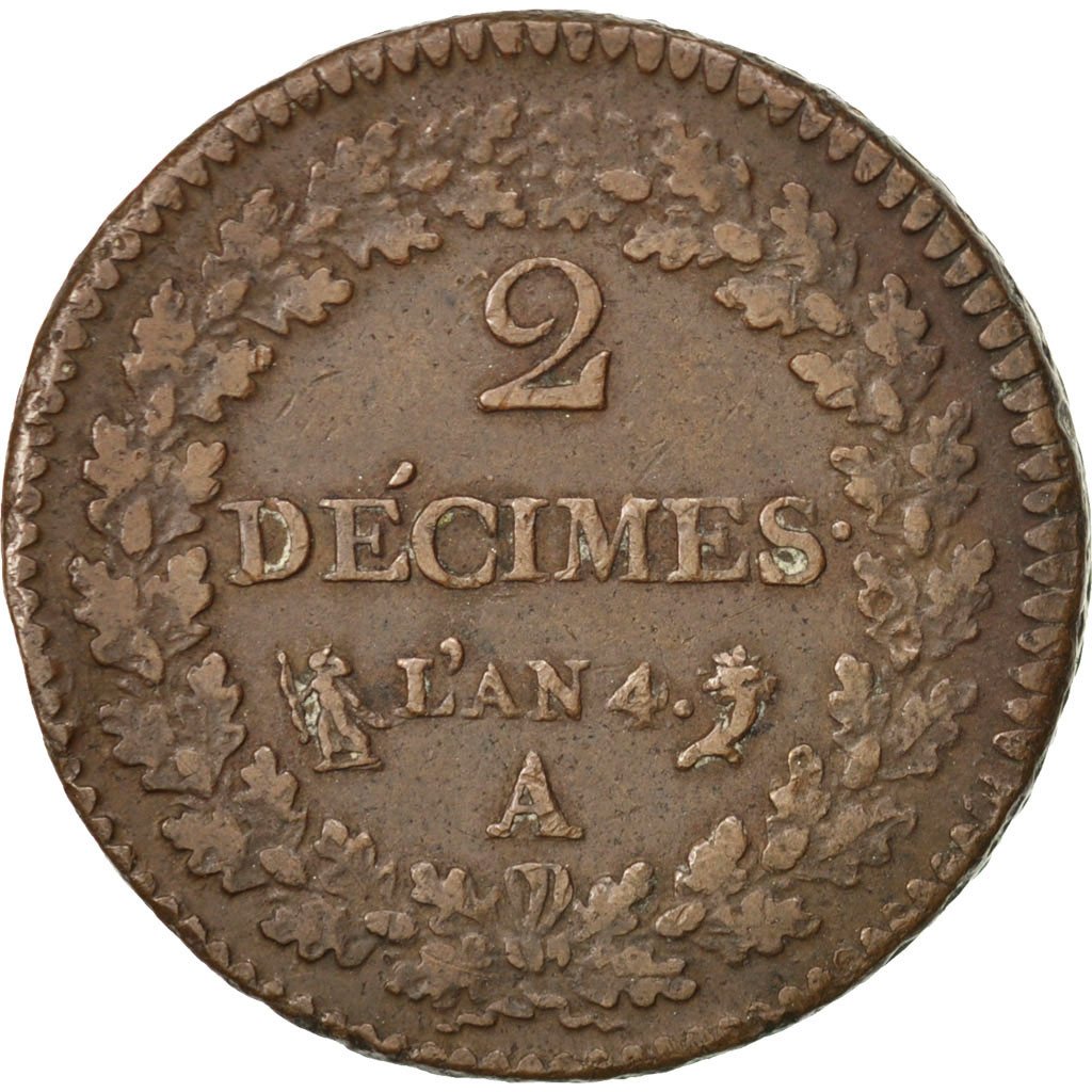 FRANCE, Dupré, 2 Decimes, 1795, Paris, KM #638.1, AU(50-53), Bronze, 31, Gadoury