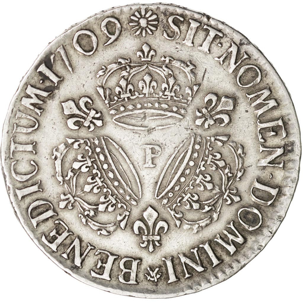FRANCE, Écu aux 3 couronnes, ECU, 1709, Dijon, KM #386.14, EF(40-45), Silver, ..