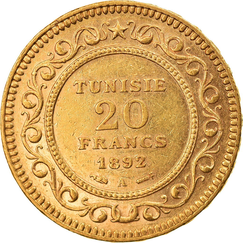 Coin, Tunisia, Ali Bey, 20 Francs, 1892, Paris, AU(50-53), Gold, KM:227