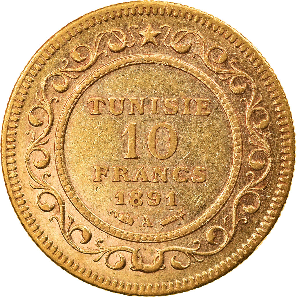 Münze, Tunesien, Ali Bey, 10 Francs, 1891, Paris, SS, Gold, KM:226