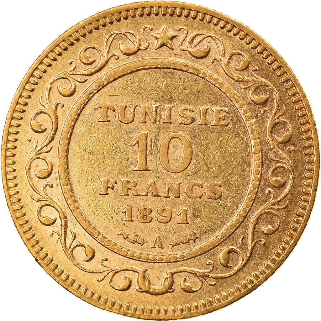 Coin, Tunisia, Ali Bey, 10 Francs, 1891, Paris, EF(40-45), Gold, KM:226