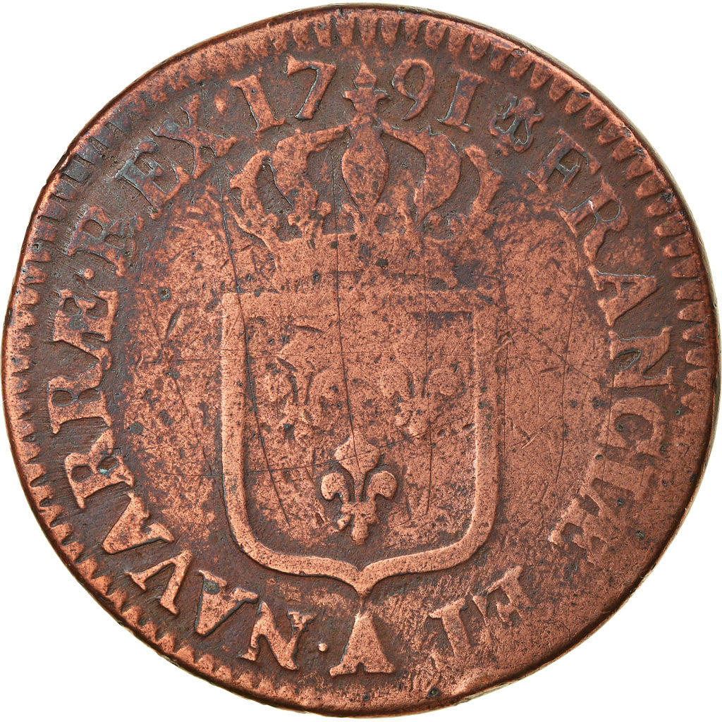 Moeda, França, Louis XVI, Sol à l'Ecu, 1791, Paris, F(12-15), Cobre