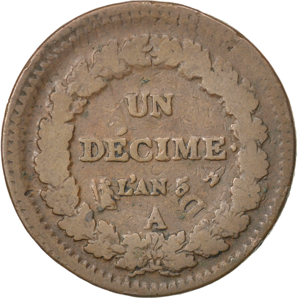 Coin, France, Dupré, Decime, 1796, Paris, VF(20-25), Bronze, KM:645.1