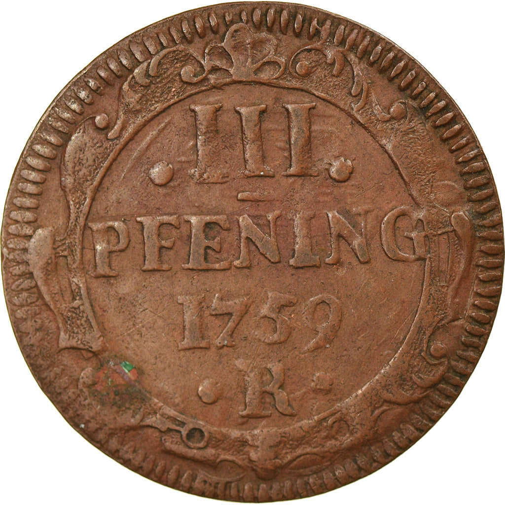 Moneta, Stati tedeschi, ROSTOCK, 3 Pfennig, Dreiling, 1759, BB, Rame, KM:116