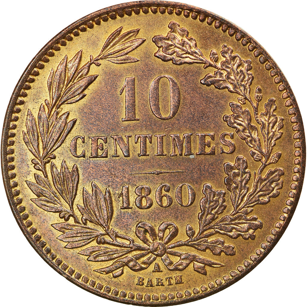 Coin, Luxembourg, William III, 10 Centimes, 1860, Paris, AU(55-58), Bronze