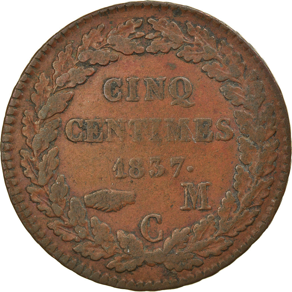 Münze, Monaco, Honore V, 5 Centimes, Cinq, 1837, Monaco, S+, Kupfer, KM:95.2a